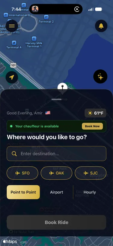 GLS Black app booking screen showing an SFO pickup