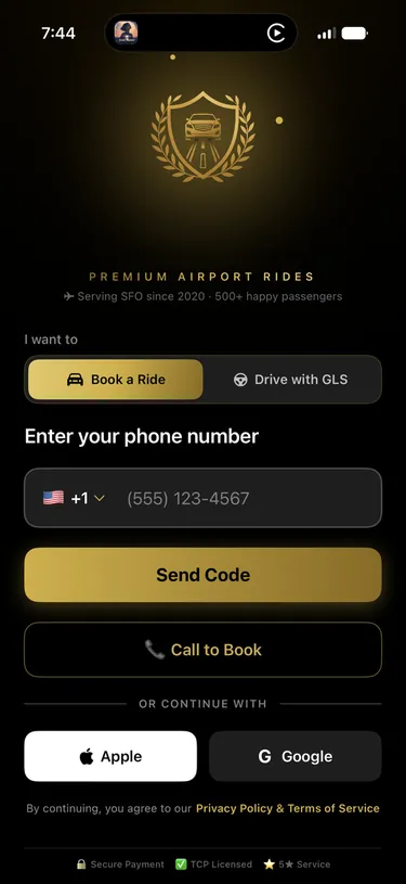 GLS Black app sign-in screen